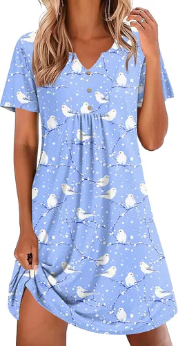 Miniatura 14 de Ekouaer Camisones para mujer de algodón Vestidos de noche Plisados Camisones Henley Cuello en V Camisas de dormir de manga corta Ropa de dormir