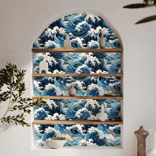 Miniatura 3 de Vinatge Janpanese - Papel tapiz autoadhesivo con mosaico azul y amarillo de olas marinas, para gabinetes de cocina, apto para inquilinos, 14.5 pies