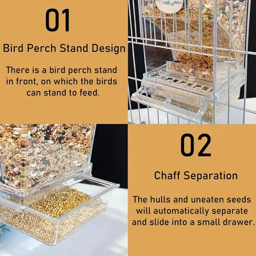 Miniatura 3 de Alimentador automático para jaula de pájaros, sin ensuciar, alimentador de periquitos, contenedor de alimentos de semillas, estación de Transparente