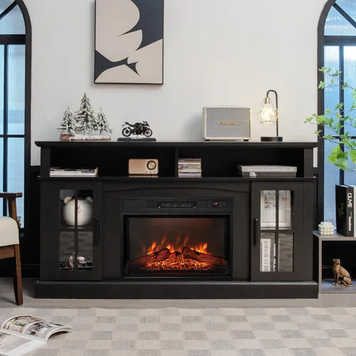 Miniatura 2 de Tangkula Soporte de TV con chimenea para televisores de hasta 65 pulgadas, consola de TV con chimenea eléctrica con control remoto, protección Marrón
