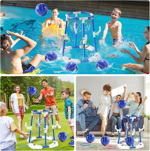 Miniatura 5 de JUKUDAHU Aro de baloncesto para piscina, juguetes de piscina para niños de 4 a 8 años, juego de anillo flotante 2 en 1 con 4 bolas y bomba, juguete