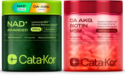 Cata-Kor Suplemento NAD+ y complejo Ca-AKG - Suplemento liposomal NAD+ con resveratrol (60 cápsulas) y complejo de belleza Ca-AKG, MSM, ácido