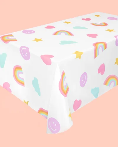 Miniatura 4 de xo, Fetti Mantel desechable con cara sonriente, 9 pies, decoraciones de cumpleaños de arcoíris, cubierta de mesa pastel, mantel para niñas