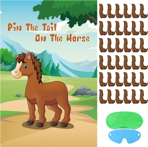 Hxezoc Pin The Tail On The Horse Game para niños, póster de caballo grande, juegos de fiesta para fiesta de cumpleaños, decoraciones de fiesta de