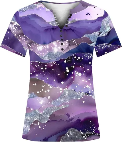 Miniatura 31 de Summer Shirts for Women 2025 Plus Size Short Sleeve Henley Tops Marble Floral Loose Tshirt Tee Casual Dressy Tunics