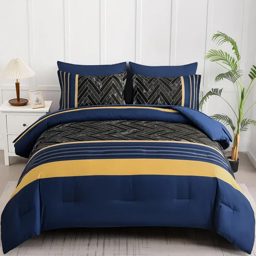 Miniatura 21 de Luxudecor Juego de Edredón Negro Tamaño King, 7 Piezas Cama en una Bolsa de Rayas Geométricas, Juego de Edredón Geométrico y Sábanas, Juego Completo