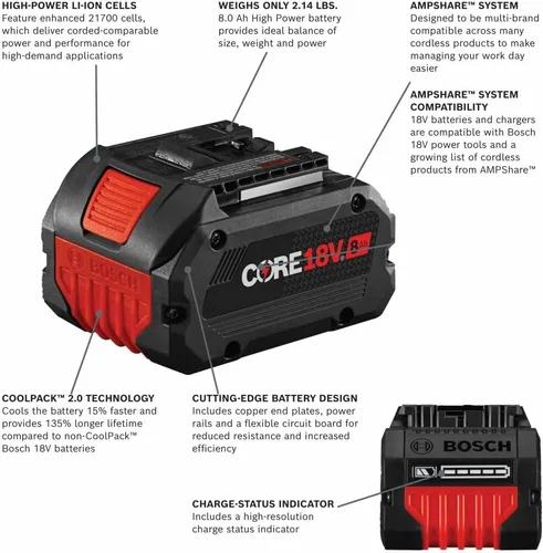 Miniatura 3 de Bosch GXS18V-12N14 Kit de inicio de 18V con (1) batería de alta potencia CORE18V® de 8 Ah y (1) cargador de batería rápido
