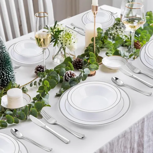 Miniatura 7 de Goodluck Paquete de 50 cuencos de plástico con borde plateado, cuencos de sopa desechables de 12 onzas para bodas, fiestas, cenas, catering y uso