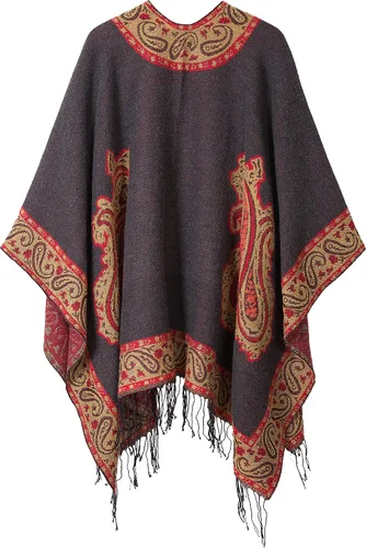 Miniatura 2 de Poncho con flecos, con estampado vintage, estilo retro, a la moda, para mujer. Capa, chal.