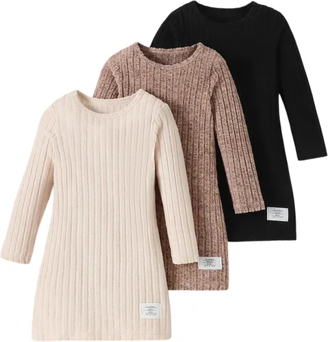Miniatura 11 de Vestidos para niñas, Juego de 3 vestidos para niñas pequeñas de manga larga de color sólido, elegantes y casuales, con diseño acanalado, talla 2-8