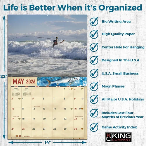 Miniatura 4 de The KING Company-Monster Calendars - Calendario de pared de pesca de agua salada 2026, tamaño XL, 14 x 22 pulgadas, calendario de pesca deportiva