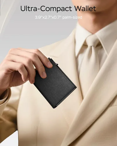 Miniatura 6 de Cartera para hombre – Cuero minimalista de triple pliegue, funda inteligente para tarjetas emergentes con bloqueo RFID, soporte delgado de metal