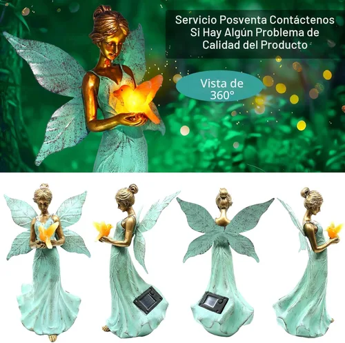Miniatura 5 de Decoración solar de estatua de jardín de hadas, figura de resina de ángel de 10 pulgadas, impermeable, decoración del hogar con luces LED de colibrí