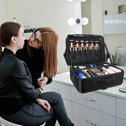 Miniatura 7 de Organizador profesional de cosméticos Travelmall, estuche de formación, de 3 capas, multifunción, en negro, caja artística para cosméticos, cepillos