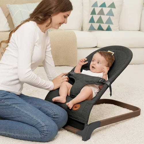 Miniatura 2 de ANGELBLISS Bouncer para bebés, asiento inflable portátil para bebés, asiento hinchable con tela de algodón, vibraciones naturales (antracita)