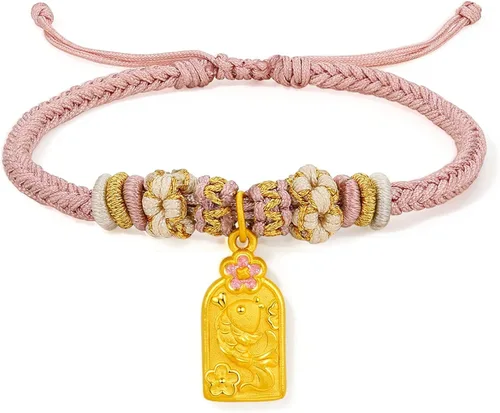 ZHOU LIU FU 24K Solid Gold Bracelet Luck Fish Real Gold Charm Bracelet Adjustable Jewelry Braided Bracelet for Women Teens Girls