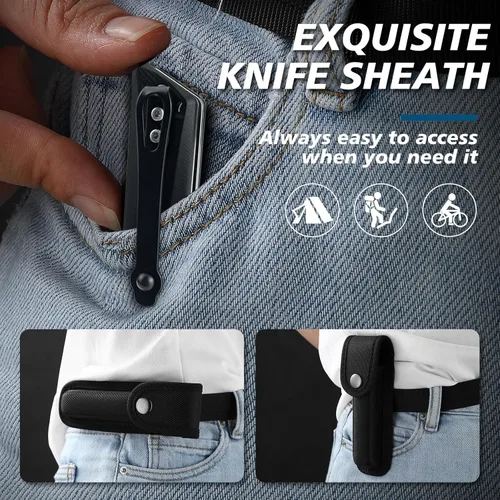 Miniatura 5 de ohmonlyhoo Cuchillo de bolsillo, cuchillo plegable de 3.5 pulgadas con mango G10 y hoja D2, cuchillo EDC con funda de nylon para hombres y mujeres