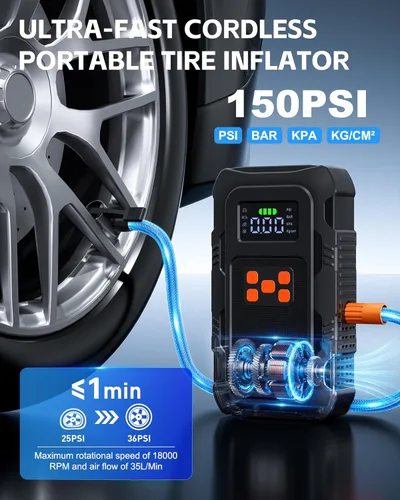 Miniatura 3 de Arrancador de 5000 A con compresor de aire, arrancador portátil de batería de coche con inflador de neumáticos de 150 PSI para motores de gasolina
