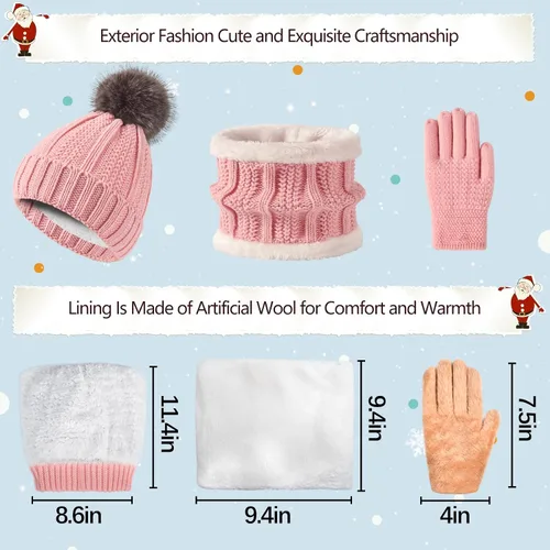 Miniatura 5 de Conjunto de gorro de invierno para niños de 1 a 10 años de edad, guantes y guantes de punto, calentador de cuello, forro polar cálido