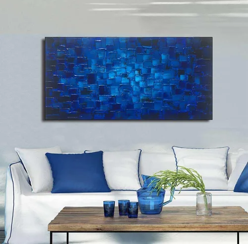 Miniatura 5 de MyArton Arte de pared de lienzo texturizado, cuadrados abstractos, pintado a mano, pintura al óleo moderna de color azul oscuro, imagen