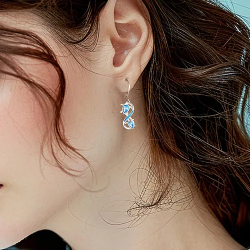 Miniatura 143 de Aretes colgantes de plata de ley con diseño de árbol de la vida, flor, abeja, animales, gato, colibrí, piedra lunar, turquesa, aretes con cierre