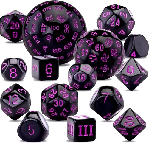 Miniatura 9 de AUSTOR juego completo de 15 dados poliédricos D3-D100 con bolsa de cuero de almacenamiento con cordón para juegos de mesa de rol (negro y blanco)