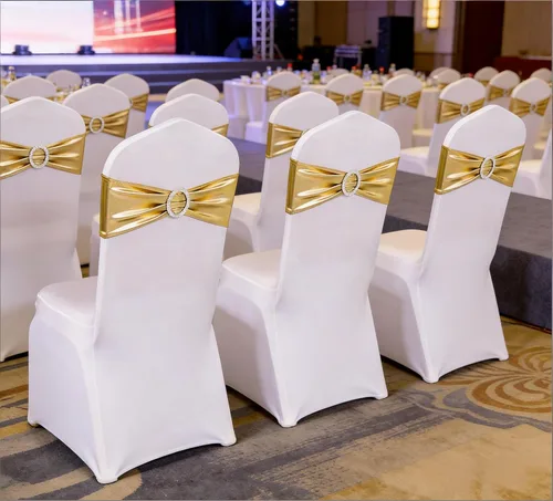 Miniatura 8 de Bandas para silla de elastano metálico dorado para boda, paquete de 100 bandas para silla con hebilla, lazos dorados para sillas doradas, lazos