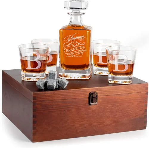 Juego de decantador de whisky personalizado – Juego de regalo de licor personalizado de 5 piezas con 4 vasos y decantador grabado – 25.4 fl oz –