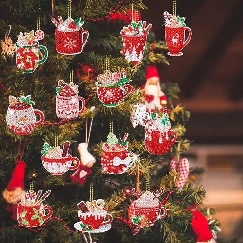 Miniatura 6 de BBTO 15 piezas de adornos de Navidad con diseño de diamantes de cacao caliente, pintura de diamante, llaveros colgantes para manualidades, adornos