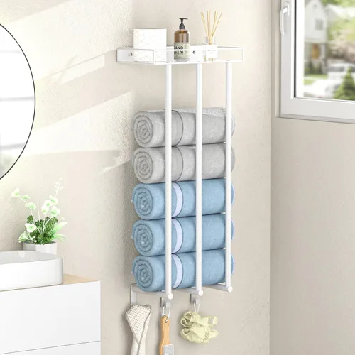 Miniatura 2 de Ovicar Toalleros para baño – Almacenamiento de toallas enrolladas montadas en la pared con estante de metal y 3 ganchos, 3 barras de pared para baño