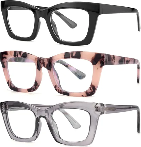 Miniatura 11 de Paquete de 3 gafas de lectura estilo Oprah con bisagra de resorte, bloqueo de luz azul, para computadora, montura cuadrada para mujeres y hombres