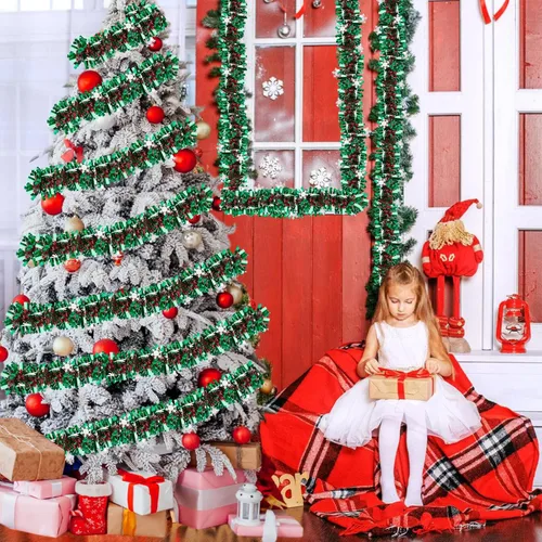 Miniatura 3 de Guirnalda de oropel de copo de nieve de Navidad - Guirnalda metálica gruesa verde de 33 pies para decoración de árbol de Navidad, decoraciones