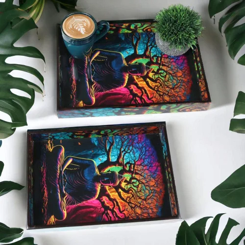 Miniatura 5 de Crocon Juego de 2 bandejas rectangulares decorativas con estampado esmaltado de Buda, color negro