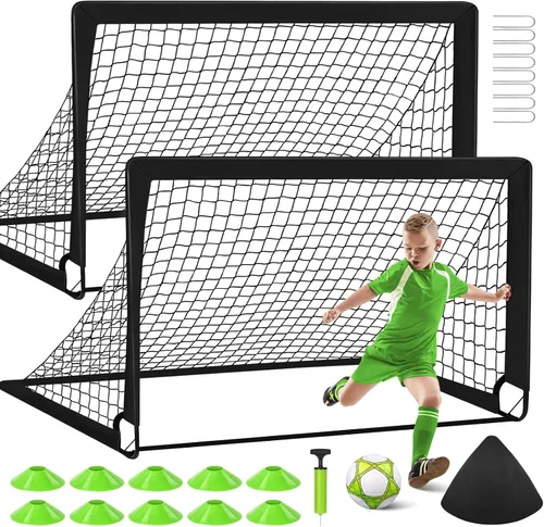 2 porterías de fútbol de 4 x 3 pies para patio trasero, equipo de entrenamiento portátil con pelota de fútbol, 10 conos de fútbol, bolsa de