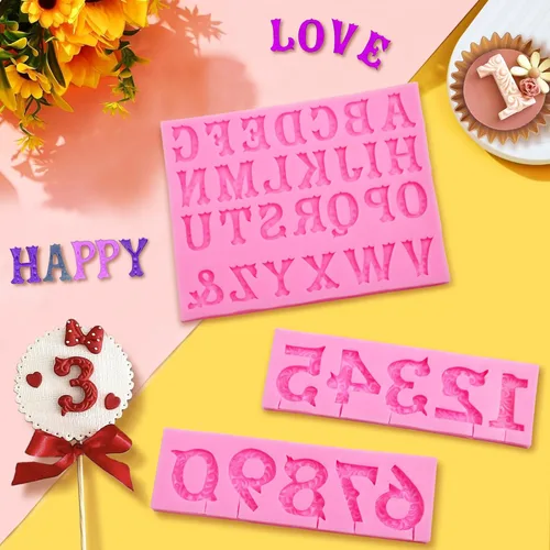 Miniatura 3 de Moldes de Fondant de Silicona, AIMEIKI Paquete de 3 Moldes de Silicona 3D con Números 0-9 y Alfabeto A-Z en Relieve para Fondant y Chocolate, Moldes
