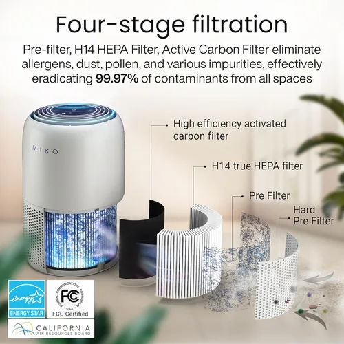 Miniatura 2 de MIKO Purificador de aire para dormitorio con filtro HEPA 3 en 1 y modo de sueño, silencioso como un susurro, cubre hasta 1200 pies cuadrados, Gris
