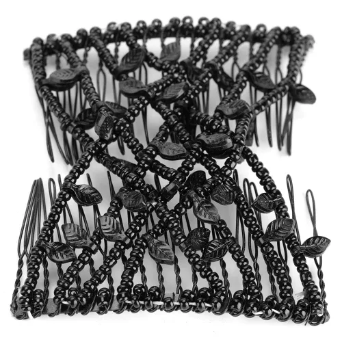 Miniatura 7 de Juego de pinzas y peines para el cabello de perlas – clips dobles elásticos elásticos, peines mágicos, herramienta de peinado de cabello DIY (negro)
