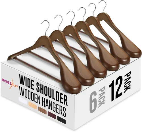 Miniatura 18 de HOUSE DAY Perchas de madera maciza de alta calidad para mujer, perchas de madera de hombro ancho, perchas para trajes con barra antideslizante