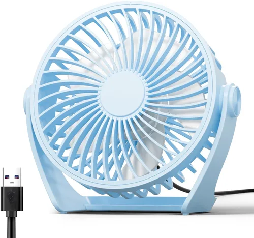 Edvision Ventilador de escritorio con USB, ventilador pequeño portátil de 5 pulgadas, ventilador de mesa personal de 3 velocidades con viento Azul
