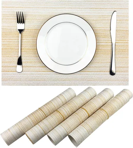 Miniatura 13 de Mantel individual de vinilo tejido duradero, lavable, resistente al calor, antideslizante, para cocina, comedor (juego de 4, azul con blanco)