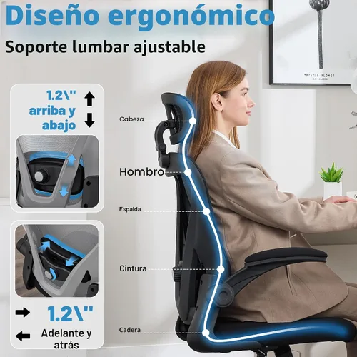 Miniatura 4 de Office Chair, Ergonomic Office Chair with Headrest, Comfy Home Office Desk Chairs with Lumbar Support & Flip-up Armrests, 330LBS High Back Mesh