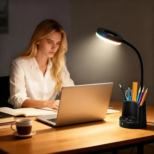 Miniatura 4 de HomeFocus Lámpara de escritorio, lámpara de escritorio LED RGB, lámpara de mesa, luz de lectura y luz nocturna para oficina en casa, negro
