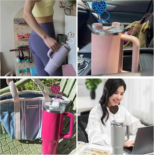 Miniatura 7 de Funda de paja de leopardo de 0.394 pulgadas para vaso Stanley de 40 onzas y 30 onzas, tapa de popote de corazón para copa Stanley, accesorios