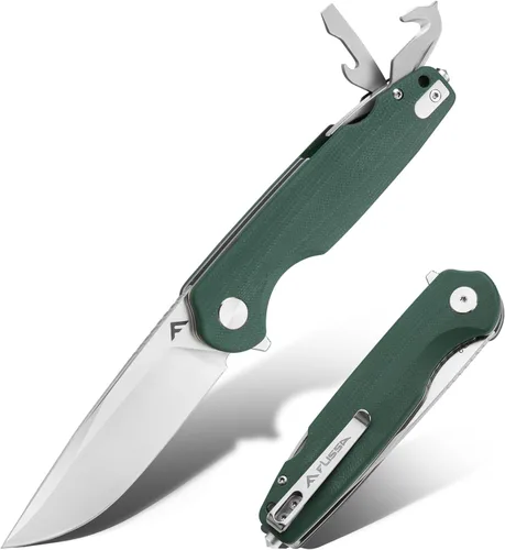 FLISSA Cuchillo de bolsillo multiherramienta, hoja D2 de 3.3 pulgadas con mango G10, cuchillo plegable con bloqueo de revestimiento con rompedor de