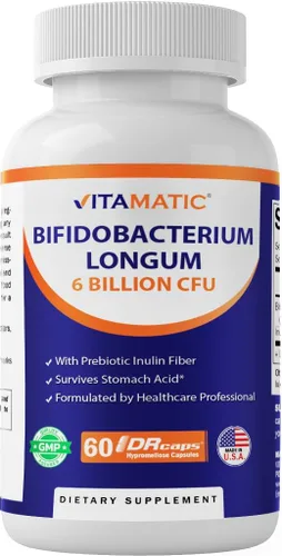 Vitamatic Bifidobacterium Longum 6 mil millones de UFC por cápsula DR - 60 unidades - Promueve la salud intestinal - Fabricado con fibra prebiótica