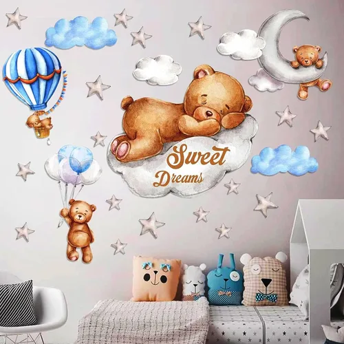 Decoración de Pared de Oso Teddy con Luna y Estrellas - Adhesivos de Oso Dormido para Pared, Decoración para Habitación de Bebé y Guardería