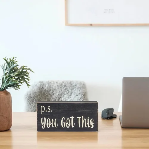 Miniatura 6 de Esur Decoración Negra Motivacional para Escritorio de Oficina en Casa - Letrero de Caja de Madera Estilo Granja Regalo para Mujeres - P.S. You Got