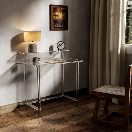 Miniatura 2 de Eglaf Escritorio acrílico para oficina en casa con soporte para monitor, escritorio moderno y transparente, mesa de estudio, escritorio