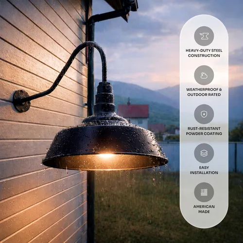 Miniatura 2 de Steel Lighting Co. Lámpara grande de granero para exteriores, con cuello de cisne, fabricada en Estados Unidos con acero de calibre 18, cúpula de 20