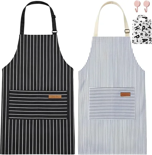 Miniatura 15 de Chef Apron Bib Apron with 2 Large Pockets Adjustable Neck Strap Kitchen Apron Cooking Apron Stripes Baking Apron